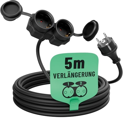 greate 2fach Verlängerungskabel außen 5 Meter - Verlängerungskabel wasserdicht IP44 für Aussenbereich - 2 Fach Mehrfachsteckdose Verlängerung draußen 5m 3500W - Outdoor Extension Cord Waterproof