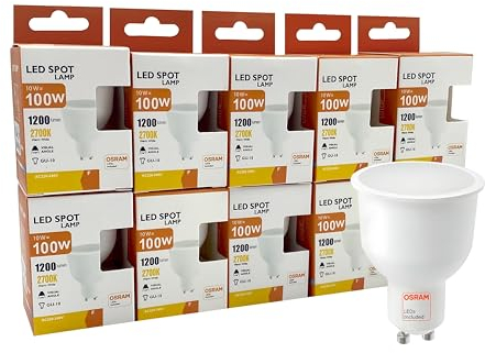 FactorLED Bombilla LED GU10, 10W, Pack 10 unidades, 1200Lm, 220V, Lámpara Dicroica, Angulo De Apertura 110º (2700K)