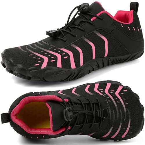 Barfußschuhe Damen Breite Barfussschuhe Traillaufschuhe Weit Five Finger Zehenschuhe Minimalistische Zero-Drop Sohlen Wanderschuhe Fitnessschuhe Komfort Leicht Laufschuhe Unisex(Schwarz Rosa 39EU)