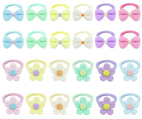 24 Stück Haargummis Mädchen, Bunte Baby Haargummi, Weiche Nahtlose Schleifen und Blumen Elastische Haarbänder für Kleinkinder, Haarschleifen mit Weichem, Pferdeschwanzhalter, für Babys, Mädchen