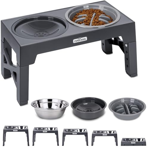 Nobleza Comedero Perro Elevado 5 Alturas Ajustables (7,5-31 cm), Incluye Cuenco Acero Inoxidable 1100ml, Comedero Perro Antivoracidad y Bebedero Antisalpicaduras 800ml, Antideslizante, Gris