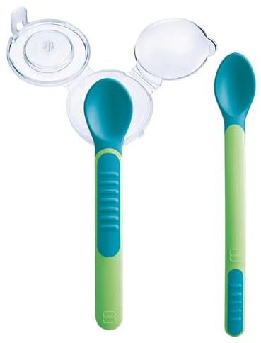 MAM Set de Cucharas, Puntas Sensibles al Calor, Suaves y Delicadas para el Paladar y las Encías del Bebé, Ayudan en la Transición a Comer de Forma Independiente, con Tapa Protectora, Neutro, Pack 2ud