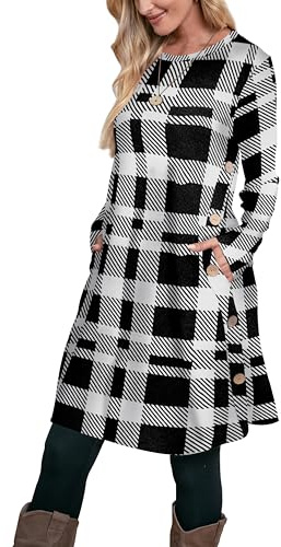 Aokosor Jumper Dress for Women Long Sleeve Dress Ladies Button Tunic Dress with Pockets Black White Plaid Size 22-24