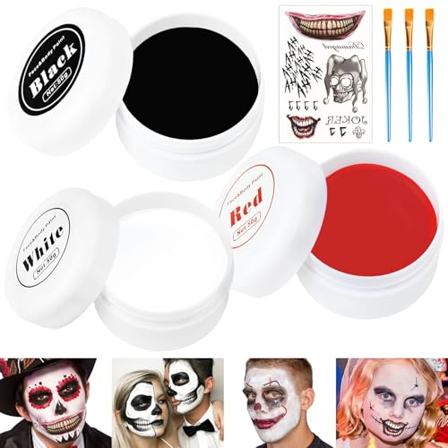 Set per Trucco Halloween - Teatrale per Zombie, Vampiri, Mostri, Clown - 100g, 3 Colori (Bianco, Nero, Rosso), 3 Pennelli, Adesivi per Cosplay, Carnevale
