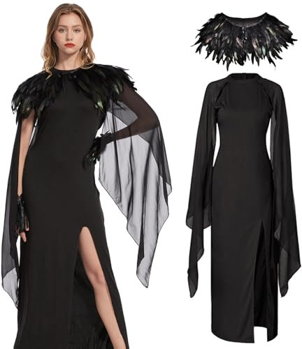Aragallant Maleficent Kleid, Halloween Böse Königin Kostüm mit Hörner Kopfschmuck und Federkragen für Damen, Karneval Cosplay (XL)