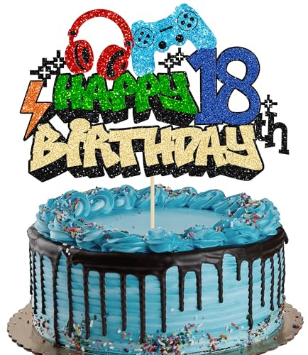 Gyufise 1Pcs Happy 18th Birthday Cake Topper Glitter Video Game Cake Pick Game On Controllers Eighteen Cheers to 18 Years Cake Decoration for Game Theme Happy 18th Birthday Party Supplies