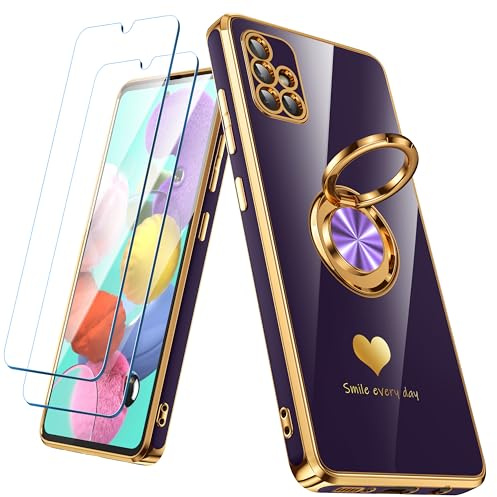 Nonional Schutzhülle für Samsung Galaxy A51 4G mit 2 Displayschutzfolien, 360° drehbarer Ringhalter [luxuriöses Herzmuster] Beschichtung, Goldener Rand, schlanke, weiche Handyhülle für Galaxy A51,