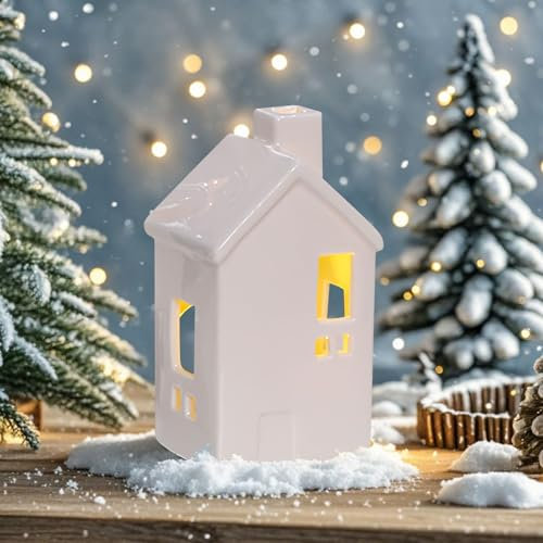 Nexoria Weihnachtsdeko Keramik Lichthäuser, Weihnachtsdorf mit Beleuchtet Porzellan Lichterhaus Weiß LED Weihnachtshäuser Weisse Lichthaus LED Weihnachtshaus Windlicht für Weihnachtsdeko Innen (E)