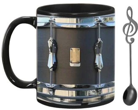 Onperpoe Schwarze Vintage-Schlagzeug-Tasse mit Löffel, 325 ml, Musik-Tasse, Keramik, Vintage-Trommel-Kaffeetasse, lustige Kaffeetasse, coole Tasse, Geschenke für Schlagzeuger, Musiker, Neuheit