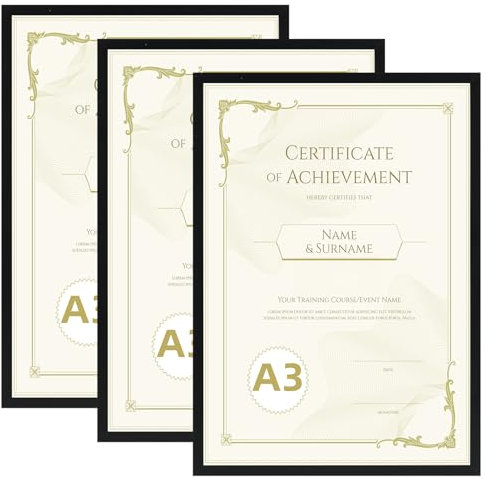 Hoikwo A3 Picture Frame Pack of 3, Black Poster Frame for Wall Hanging, A3 Photo Frame for Home and Gallery Displays, Horizontal or Vertical (29.7x42cm)