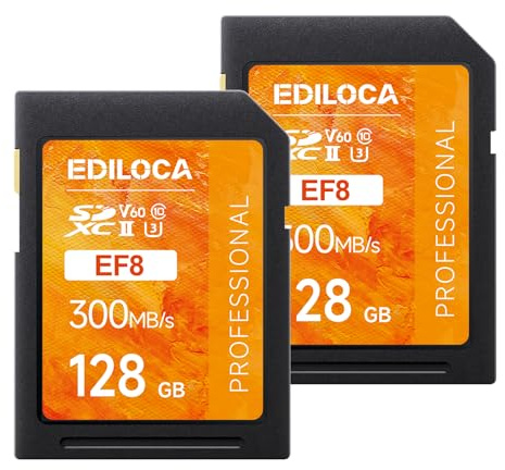 Ediloca SD Card 128GB, V60 Memory Card up to 300MB/s Read, 100MB/s Write, UHS-II, Class 10, U3, Ideal SD Card for Professional 4K/6K Video and Photography, Shockproof & Waterproof (EF8 2PCS)