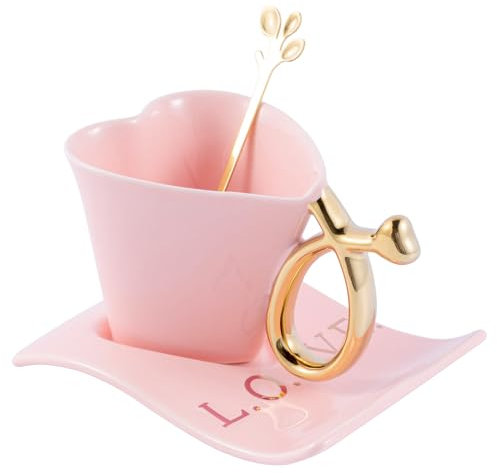 Winlauyet 1x Tasses à Espresso en Porcelaine 135 ml / 4,56 oz – Tasse en Forme de Cœur avec Soucoupe et Cuillère – Tasses à Café et Thé en Céramique (Rose)