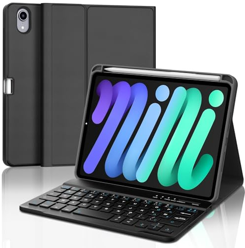 IVEOPPE Coque Clavier iPad Mini A17 Pro 7/6 8.3 Pouces, Rechargeable Etui Clavier AZERTY Détachable pour iPad Mini 7 8.3 2024/6 8.3 2021, Noir