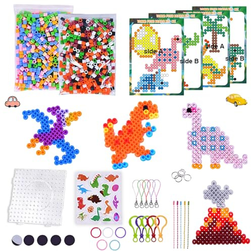 Shinybox XL Bügelperlen Set - 1000 Stück in 12 Farben mit Steckplatte, 5 Bügelpapier, 10 Muster & Zubehör, Kreatives Bastelset mit Dinosaurier-Motiven, Geschenk für Kinder ab 3 Jahren(Dinosaurier)