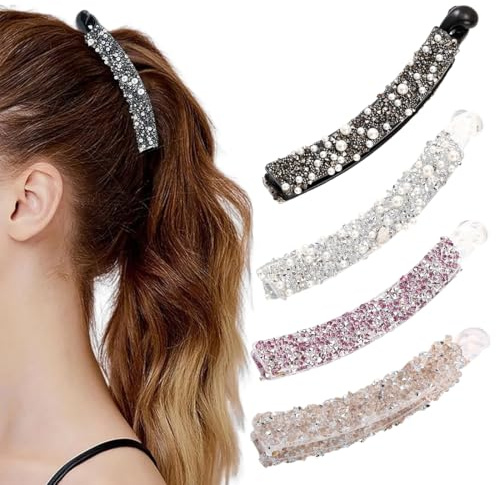 LQIOACU 4 Stück Bananenspange, Strass Perlen Banane Haarspangen, Vintage Fischschwanz Haarspange, Rutschfeste Pferdeschwanz Halter Clip für Damen (Weiß, Schwarz, Rosa, Champagner)