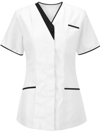 Blouse Coton Femme De Ménage Chemise pour Femmes avec Col en V Et Poches Multiples pour Uniforme Médical Doux Et Confortable Blanc M