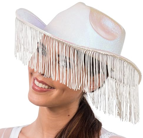 Chaks - Holografischer Cowboyhut mit Fransen, Western Accessoire | Hut für Karneval, Festival und JGA, Holografisches Design mit Fransen, Rodeo Look