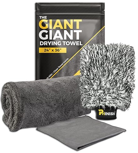 The Giant Giant 24x36 Car Drying Towel – Ultra Absorbent 1200 GSM Twisted Loop Microfiber, Scratch-Free, Streak-Free, 70/30 Korean Blend – Includes Wash Mitt & Glass Towel for Auto Detailing