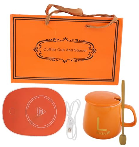 Aboofan Taza EléCtrica Calentador USB con Taza De CeráMica Tapa Y Cuchara Calentamiento AutomáTico para Oficina Y Hogar DiseñO Antideslizante De 5.90X4.33X4.13In Regalo Ideal para CumpleañOs Y