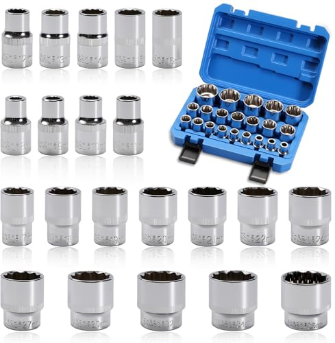 FIFIBANG 21tlg Vielzahn Nuss Satz, 1/2 Steckschlüssel Einsatz Satz Zwölfkant, 8-36mm Steckschlüssel Nusskasten, Socket Spanner Set aus CR-V Steel, Außenvielzahn Stecknuss(Chrom)