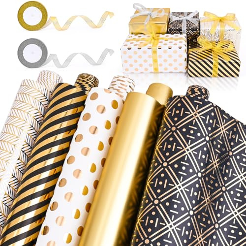 HOMIKLSA Presentpapper svart guld, 5 rullar presentpapper gift (43 cm x 300 cm) med band guldtejp för stor festival barnfödelsedag bröllop baby fest