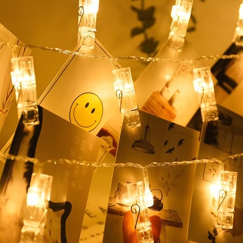 Guirlande photo 10M 100 LED avec 100 clips, guirlande lumineuse intérieure alimentée par batterie accroche photo mural avec pince porte photos à suspendre decoration pour chambre (Batterie non inclus)