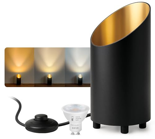 SSC-LUXon AUREVA Bodenlampe schwarz-gold GU10 5W 3 Lichtfarben inkl LED | Uplight-Bodenspot schwarz-gold - warm / neutral / kalt per Schalter, mit Fußschalter, für Wohnzimmer & Flur, inkl. GU10 LED