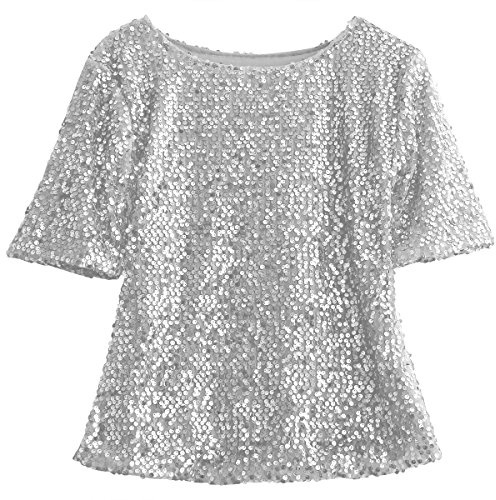 Feclmiyt Glitzernde Pailletten-Oberteile für Damen, Y2K, eine Schulter, kurze Ärmel, glitzernd, elegante Blusen, Konzert, Disco, Outfits zum Ausgehen, silber, XL