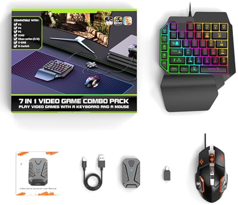 Mix Master 7 in 1 Tastiera e Mouse da Gioco Combo Pack, Mini Tastiera Retroilluminata RGB con Mouse da Gioco Compatibile con Tutte Le Console