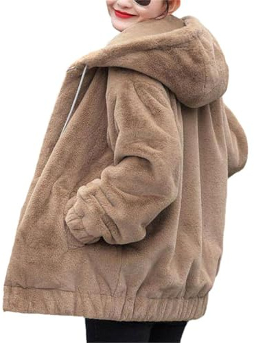 Edelaura Veste Capuche en Peluche pour Femmes avec Cordon de Serrage Oversize Tendance en Polaire Épaissie d'hiver Chaud à Manches Longues avec Fermeture Éclair et Poches Veste Unie pour Les Loisirs