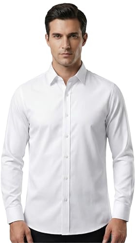 ZHAOCAI Camisa de hombre de manga larga sin planchado, corte regular, camisa de ocio Slim Stretch Button Down camisas de moda cuello alto, Blanco, XL