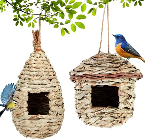Nido Pájaros Tejidas a Mano, 2 Piezas Casa de Paja Natural Pájaros, Nido Pajaro Exterior Colgante, Casa de Pájaroes Tejida a Mano, para Gorriones y Otras Aves Pequeñas, D