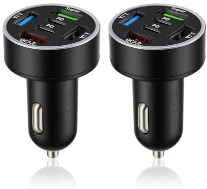2 PCS 4-Port USB C Auto Ladegerät Zigarettenanzünder Adapter, 66W, (2PD+4USB), 12V USB Adapter Auto mit LED-Voltmeter, Multi-Schnellladegerät für Smartphones, Tablets, Navigationsgeräte & Autozubehör