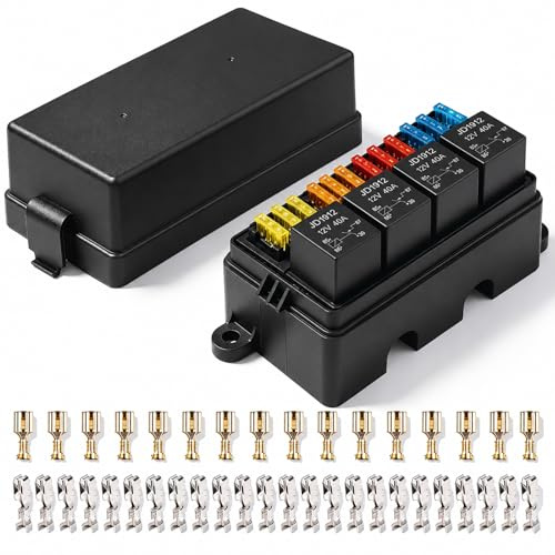 Shengbowi 12V Sicherung Relais Box mit Sicherungen 4Relais JD1912 4-Pin 40A | 12Stück ATC ATO Flachsicherungen Wasserdicht Vorgekabelt Fuse Relay Modul Relaisbox für Auto LKW Boot Wohnmobil und Jeep