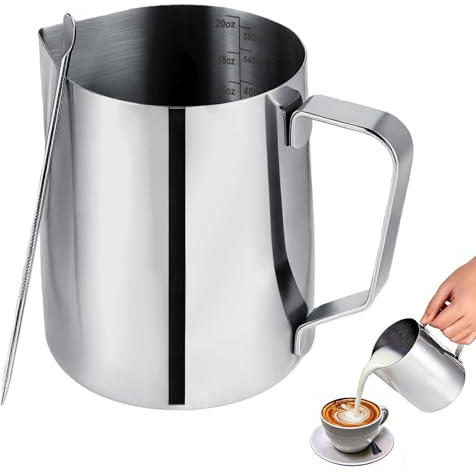 Mokarya Coffee Milk frother jug – 600ml Milk jug for Coffee Machine with Latte Art Pen, Metal Milk Frothing jug Set for Barista-Style Cappuccino and Espresso Drinks