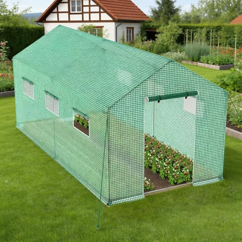 Froadp Gewächshaus Begehbar 4,5x2x2m, Foliengewächshaus Garten mit Verzinktem Stahlrahmen, UV-beständige PE Folie, Tomatenhaus mit Fenstern & Tür, Pflanzengewächshaus für Gemüse, Tomaten & Blumen