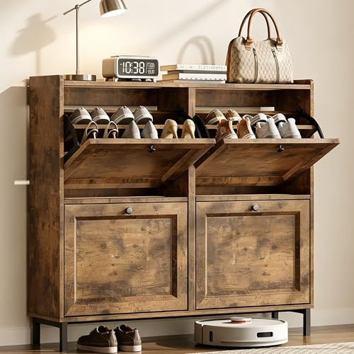 Blishom 4-Klapp Ultra-Schmaler Holz Schuhschrank, Verstellbare Trennwände Schuhschrank für Enge Flure, Eingänge, Kleine Wohnungen, Wohnzimmer und Schlafzimmer
