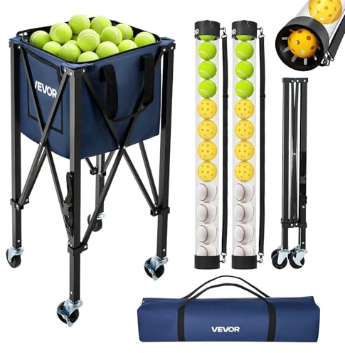 VEVOR Carrello Porta Palline da Tennis 2 in 1 Pieghevole con Cestello, capacità di 150 Palline da Tennis o di 260 Pickleball, in Lega di Alluminio Leggera, Ruote e Borsa Portaoggetti, per Allenamento