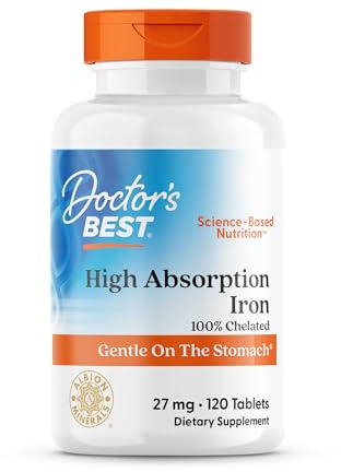 Doctor's Best High Absorption Iron Tablet with Ferrochel, Gentle on The Stomach, Immune Health, Blood Health, 27 mg