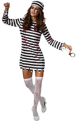 dressforfun 900440 - Damenkostüm gruselige Sträflingsbraut, Schwarz-weiß gestreiftes Kleid mit Blutflecken (XXL | Nr. 302264)