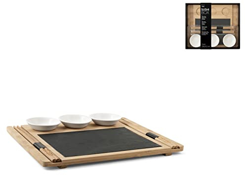 H&H Set Sushi in Ardesia e Bambù 24x29 cm – Vassoio, Piatto in Ardesia, 3 Coppette in Porcellana, 2 Paia di Bacchette – Elegante, Naturale, Adatto a Tutti i Tipi di Tavola