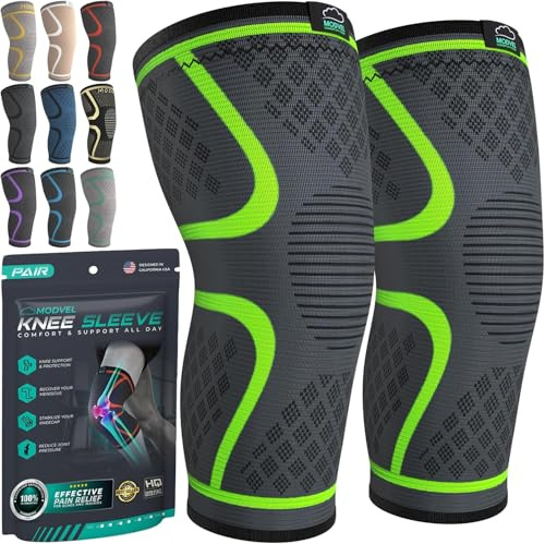 MODVEL Knee Support Compression Sleeve Women & Men - 2 Pack, Running Knee Brace, ACL & Arthritis Pain Relief, Joint Pain, Meniscus Tear, & Every day use (L)