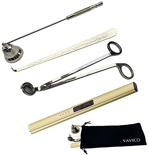 VAVICO Candle Wick Trimmer Cutter Snuffer Arc Lighter Set Candle Care Kit Electric Plasma USB Rechargeable Long Windproof Lighter Candlesnuffer Candles Wicks Dipper (Gold)