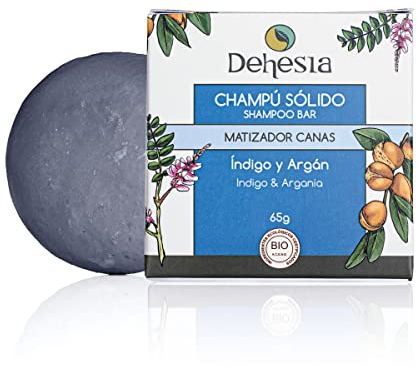 Champú sólido sin sulfatos ni siliconas para cabello blanco, canoso o con mechas | Natural, 100% vegano y ecológico | Corrige el amarillento del cabello blanco o teñido | Con índigo, coco y argán