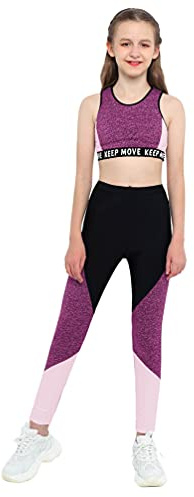 TiaoBug Mädchen Sport BH Jogginghose Sport Leggings Yoga Hose Trainingshose Sportlich Bustier ohne Bügel Yoga Fitness Training Bekleidung Set Rosa Farbblock 122-128
