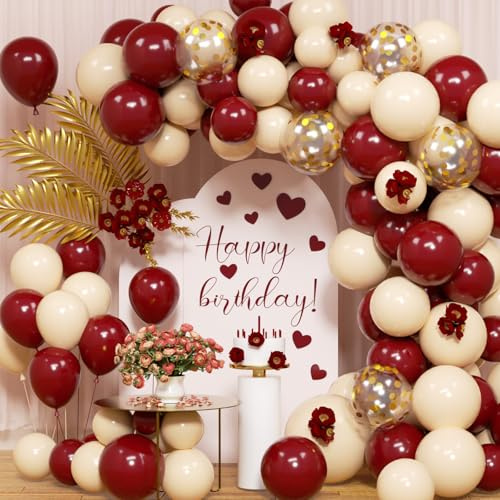 Burgunderrotes Ballonbogen-Set, 123 Stück weinrote und weiße Luftballons mit goldfarbenen weißen Konfetti-Ballons, weinrote Party-Dekorationen für Hochzeit, Braut, Jahrestag, Valentinstag, Geburtstag,