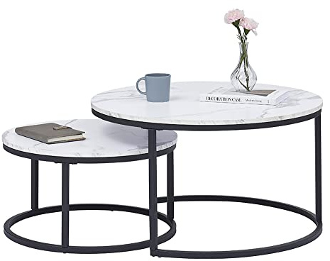 GrandCA HOME Set di 2 Tavolini Rotondi ad Incasso con Piano in MDF con Motivo Marmo, Tavolino da Salotto, Marmo Bianco e Nero(80x80x45cm)