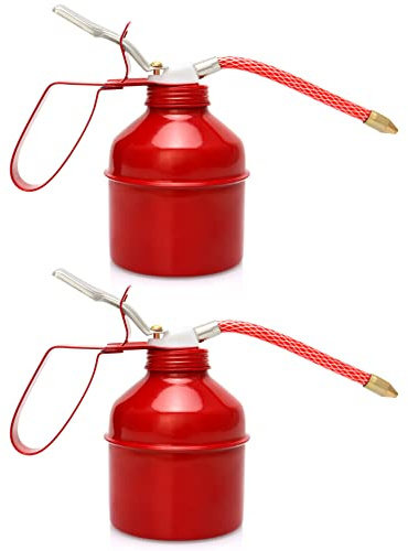 QWORK Oil Can, 12 OZ (400ML) Capacity Manual Pump Oil Can, Steel Pistol Type Oiler Can, Red, Flexible Tube, 2 Pack