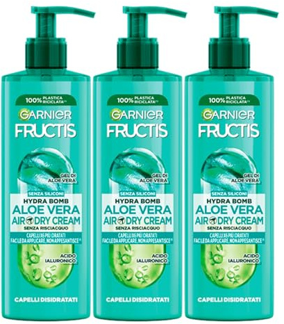 Garnier Fructis Aloe Vera Air-Dry Cream Anti-Frizz-Behandlung, feuchtigkeitsspendend, ohne Spülen für normales bis dehydriertes Haar, 3 Flaschen à 400 ml
