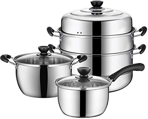 ZAANU Juego de sartenes Juegos de Utensilios de Cocina antiadherentes Juego de ollas y sartenes Juego de ollas y sartenes de Acero Inoxidable de 3 Piezas, Juego de Vapor, Sartén con Tapa